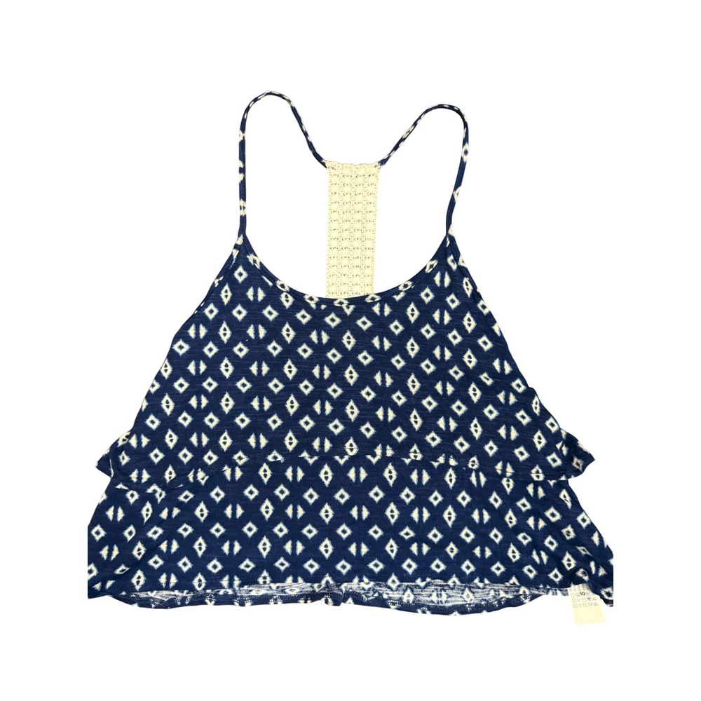 Forever 21 Blue White Diamond Print‎ Crochet Racerback Ruffle Crop Top Small Y2K